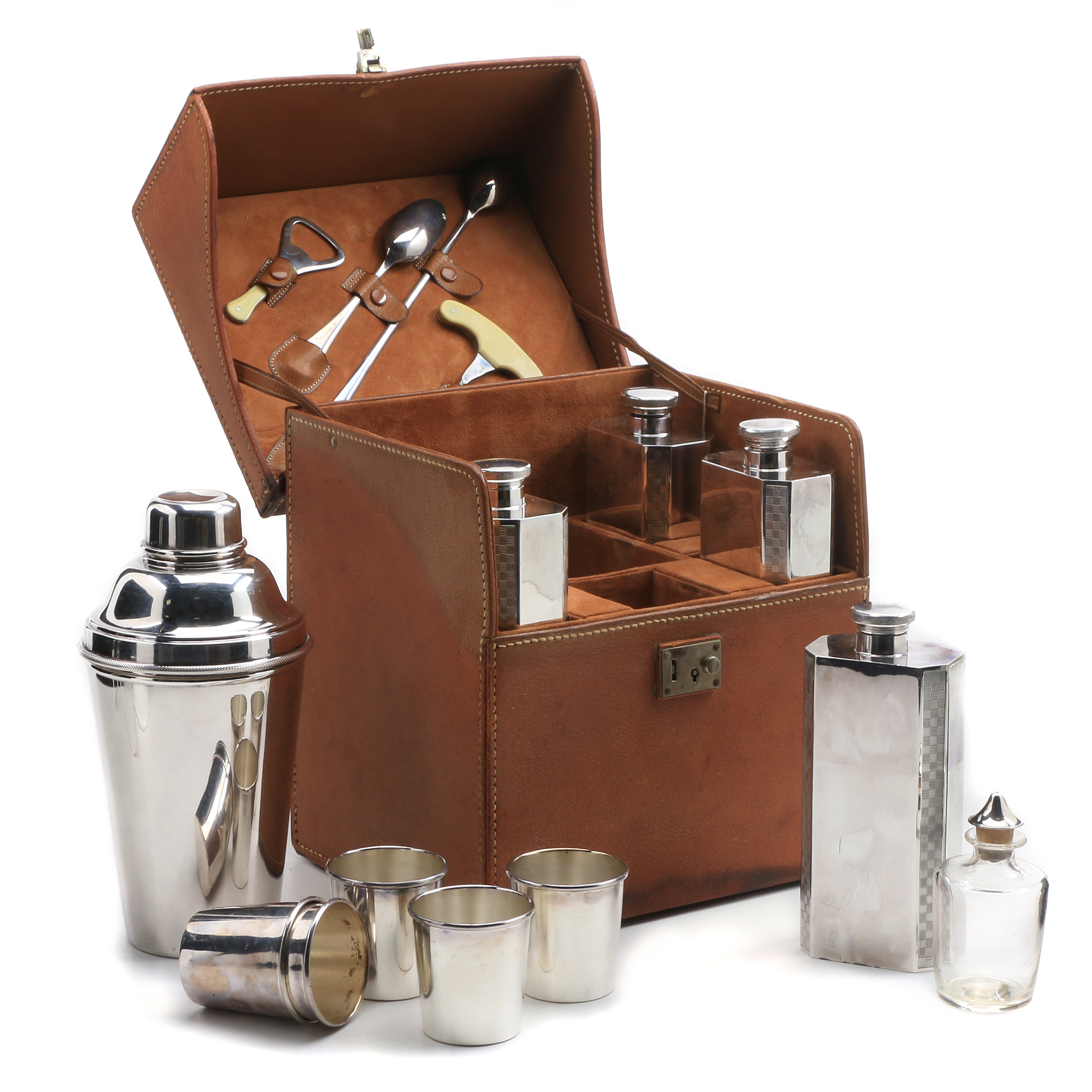 James Dixon & Sons Hallmarked Art Deco Silver Plated Field Bar in Leather Case